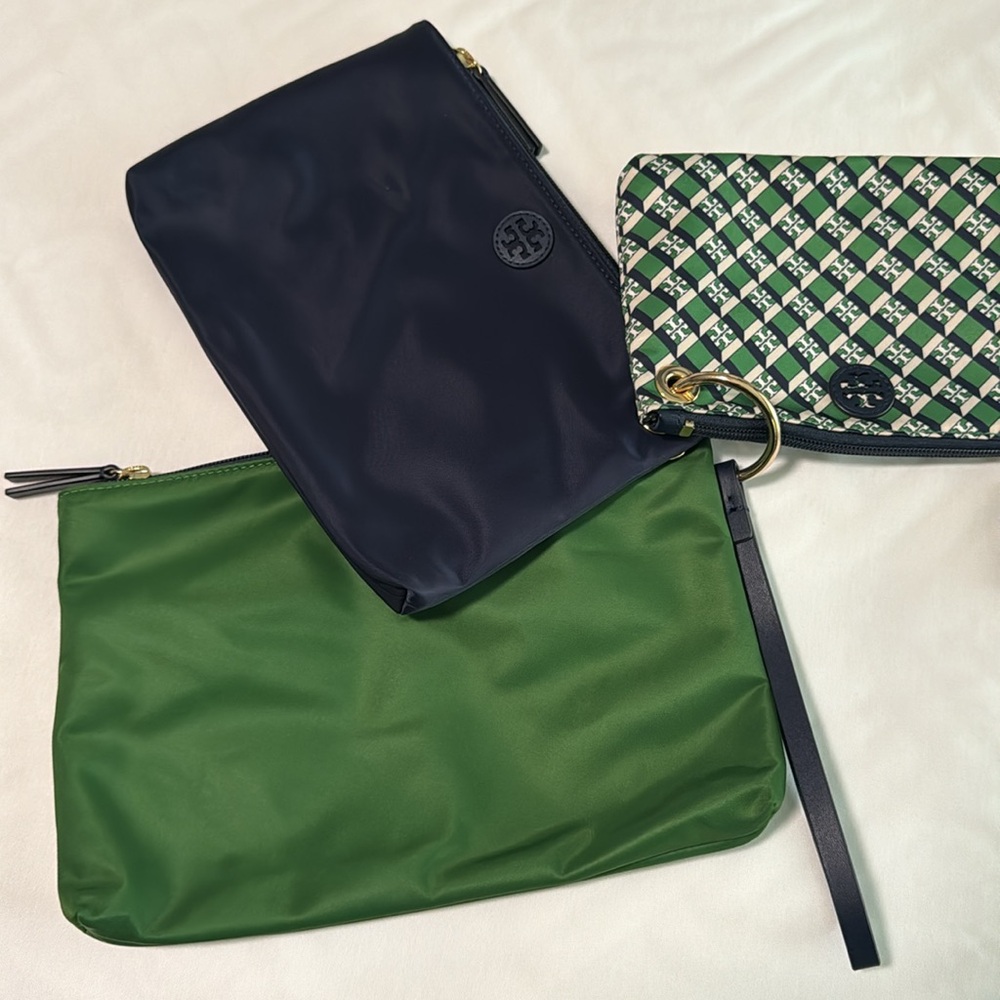 Tory Burch Green, Navy & Cream Patterned Cosmetic Pouch Trio - Picture 2 of 5